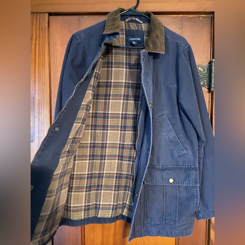 LANDS END Fall coat. Flannel lining with tons of pockets and corduroy collar.